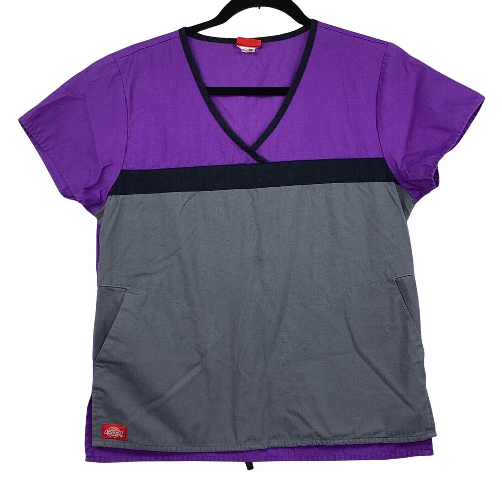 Dickies Scrubs Top Womens XS Multicolor‎ Wrap Short Sleeve V Neck Drawstring